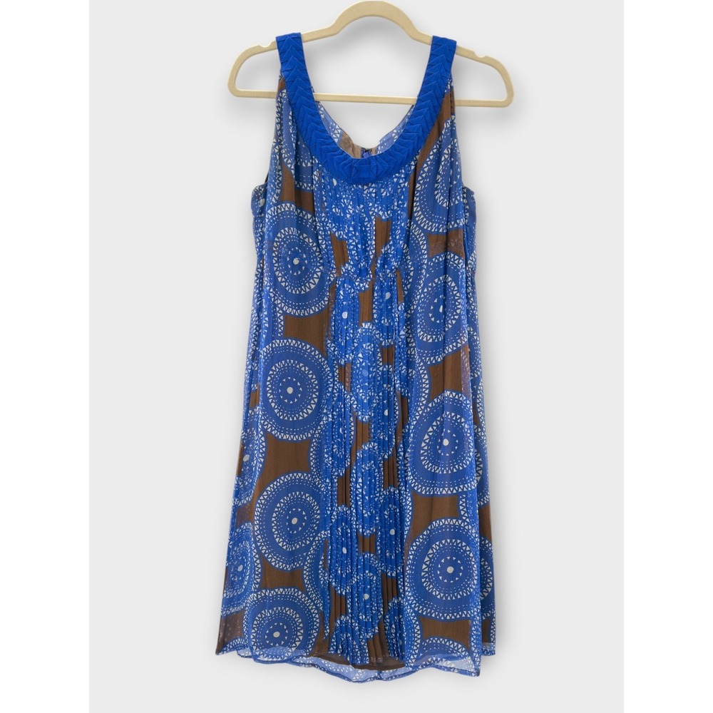 Tory Burch Silk Blue Brown Florisa Sleeveless Y2K Dress Artsy Retro Mod